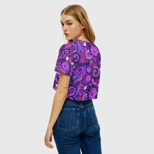 Женская футболка Crop-top 3D Фиолетовый этнический дудлинг, цвет 3D печать - фото 5