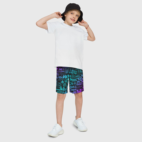 Детские спортивные шорты 3D Логотипы рок групп неон, цвет 3D печать - фото 3
