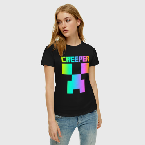Женская футболка хлопок с принтом MINECRAFT CREEPER, фото на моделе #1