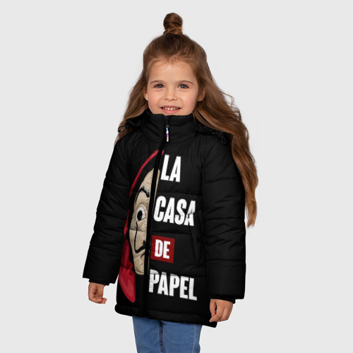 Зимняя куртка для девочек 3D с принтом Бумажный Дом, фото на моделе #1