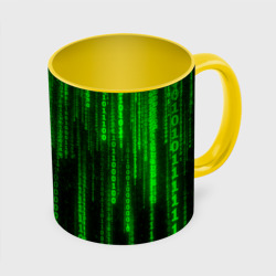 Кружка с принтом Матрица код цифры программист для любого человека, вид спереди №3. Цвет основы: белый + желтый