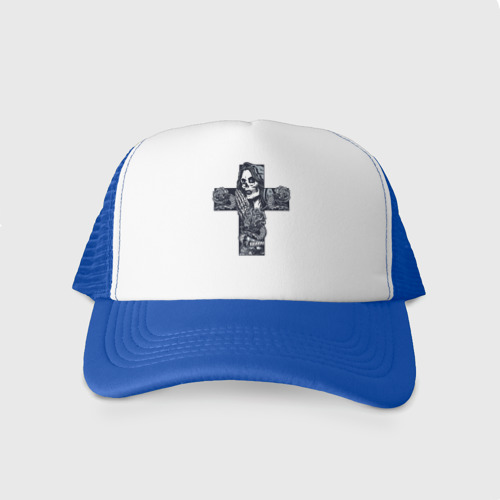 Кепка тракер с сеткой Крест с девушкой с черепом, цвет синий