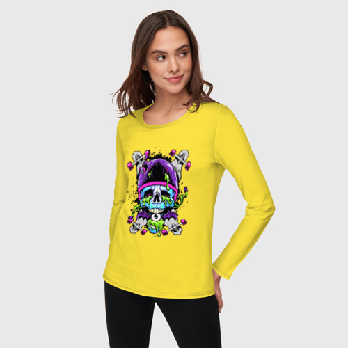 Женский лонгслив хлопок Crazy skull - skateboard, цвет желтый - фото 3