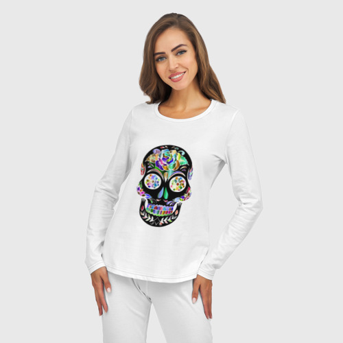 Женская пижама с лонгсливом хлопок Flowers - Art skull, цвет белый - фото 5