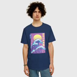 Мужская футболка хлопок Oversize Большая волна. Неоновая гравюра - фото 2