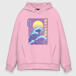 Мужское худи Oversize хлопок Большая волна. Неоновая гравюра