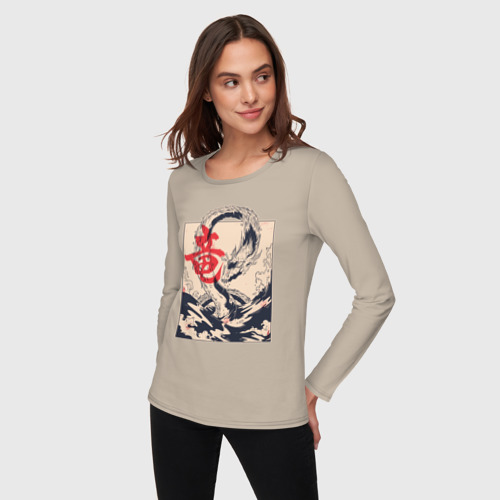 Женский лонгслив хлопок с принтом Морской дракон, фото на моделе #1