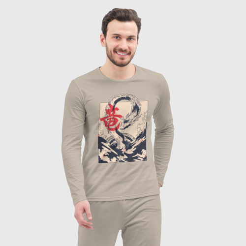 Мужская пижама с лонгсливом хлопок Морской дракон, цвет миндальный - фото 5