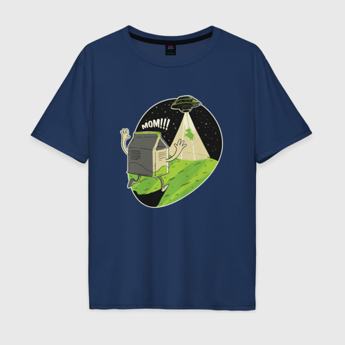Мужская футболка хлопок Oversize с принтом НЛО похищает корову, вид спереди #2