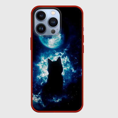 Чехол для iPhone 13 Pro Кот силуэт луна ночь звезды, цвет красный