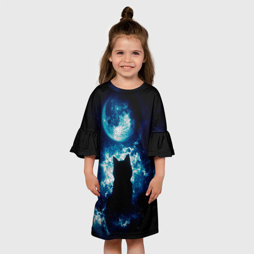Детское платье 3D с принтом Кот силуэт луна ночь звезды, вид сбоку #3