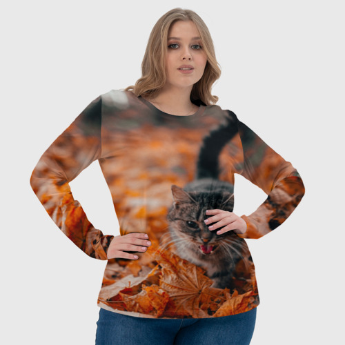 Женский лонгслив 3D Мяукающий кот осенние листья, цвет 3D печать - фото 6