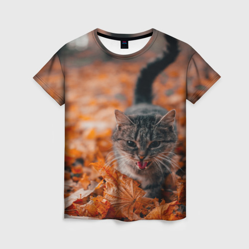 Женская футболка 3D Мяукающий кот осенние листья