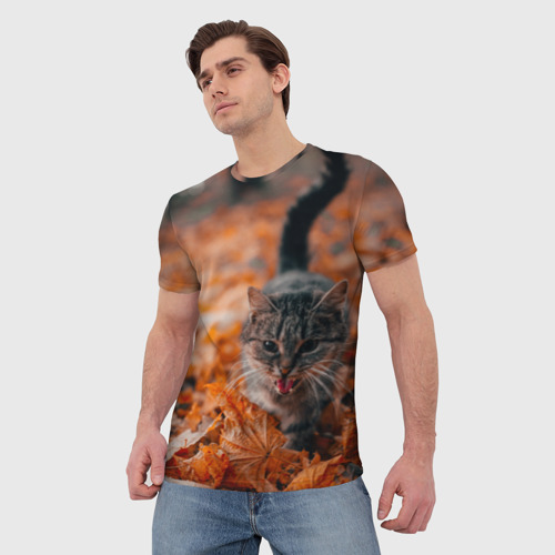 Мужская футболка 3D Мяукающий кот осенние листья, цвет 3D печать - фото 3