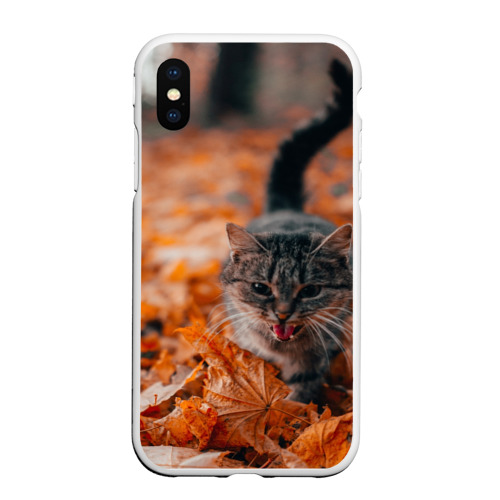 Чехол для iPhone XS Max матовый Мяукающий кот осенние листья, цвет белый