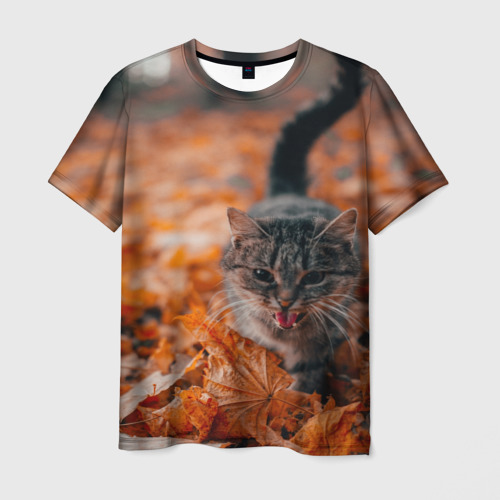 Мужская футболка 3D Мяукающий кот осенние листья, цвет 3D печать