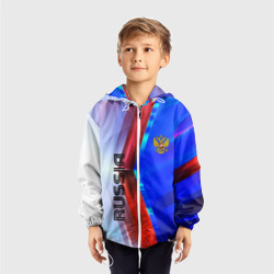 Ветровка с принтом Russia sport для ребенка, вид на модели спереди №2. Цвет основы: белый