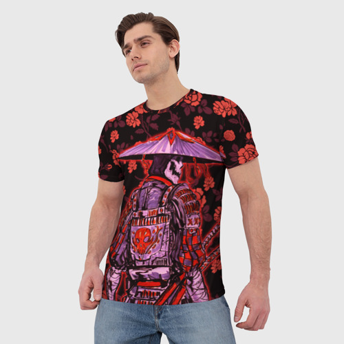 Мужская футболка 3D с принтом Самурай в розах, фото на моделе #1