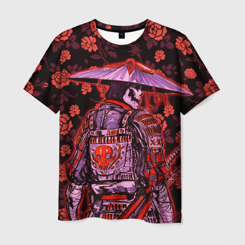 Мужская футболка с принтом Самурай в розах, вид спереди №1