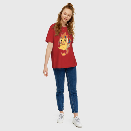 Женская футболка хлопок Oversize Покемон Пикачу, цвет красный - фото 5