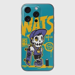 Чехол для iPhone 15 Pro Max силиконовый с защитой камеры Граффити Wats череп в кепке