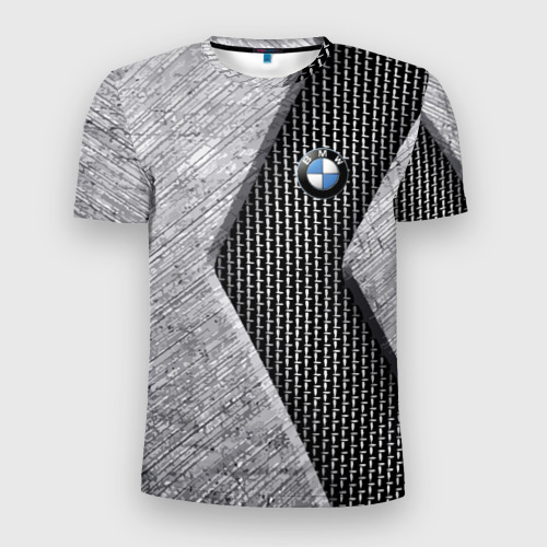 Мужская футболка 3D Slim с принтом BMW - emblem - metal - texture, вид спереди #2