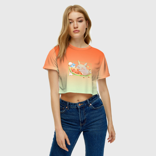 Женская футболка Crop-top 3D Семейство Тоторо ест арбуз , цвет 3D печать - фото 4