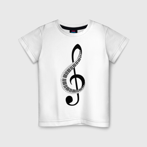 Детская футболка из хлопка с принтом Скрипичный ключ и клавиши, вид спереди №1