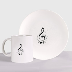 Набор: тарелка + кружка Скрипичный ключ ноты по кругу 