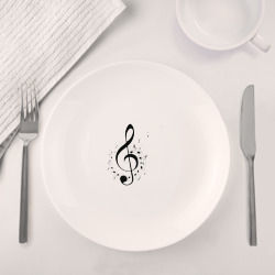 Набор: тарелка   кружка с принтом Скрипичный ключ ноты по кругу для любого человека, вид спереди №4. Цвет основы: белый