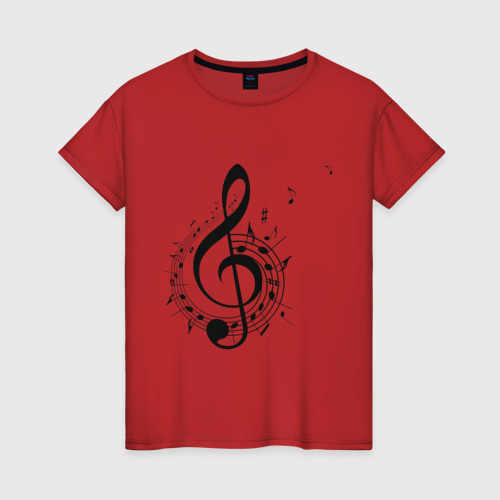 Женская футболка хлопок Скрипичный ключ ноты по кругу, цвет красный
