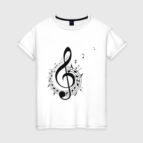Женская футболка из хлопка с принтом Скрипичный ключ ноты по кругу, вид спереди №1