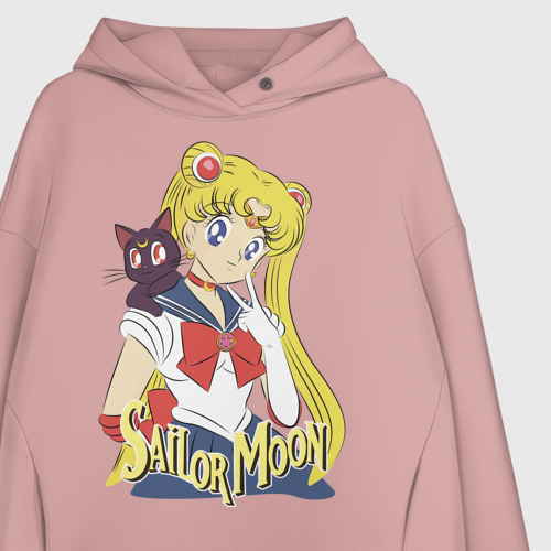 Женское худи Oversize хлопок Sailor Moon & Luna, цвет пыльно-розовый - фото 3