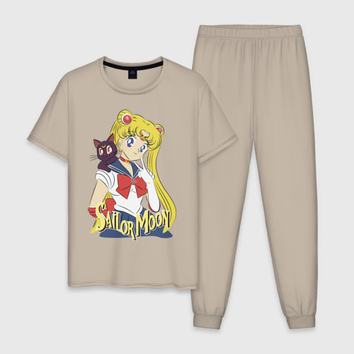 Мужская пижама хлопок Sailor Moon & Luna, цвет миндальный