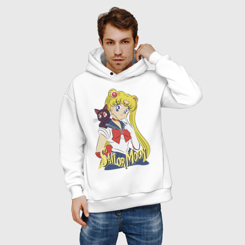 Мужское худи Oversize хлопок Sailor Moon & Luna, цвет белый - фото 3