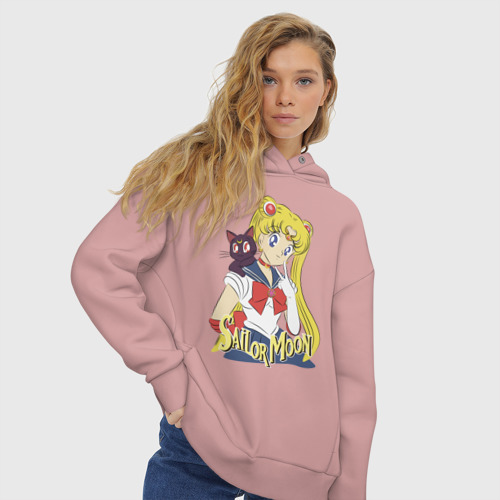 Женское худи Oversize хлопок Sailor Moon & Luna, цвет пыльно-розовый - фото 4