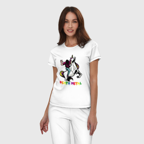 Женская пижама хлопок Death Metal Unicorn, цвет белый - фото 3