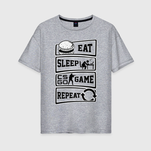 Женская футболка хлопок Oversize Eat Sleep CS GO repeat, цвет меланж