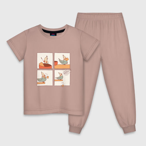 Детская пижама хлопок Комикс про голодного попугая, цвет пыльно-розовый
