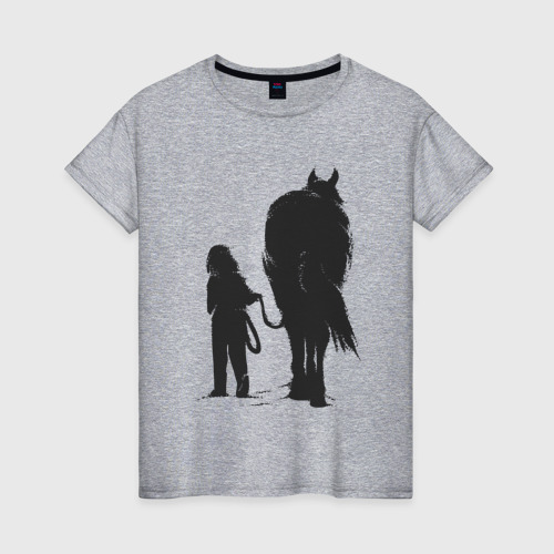Женская футболка хлопок с принтом Девочка с конем, вид спереди #2