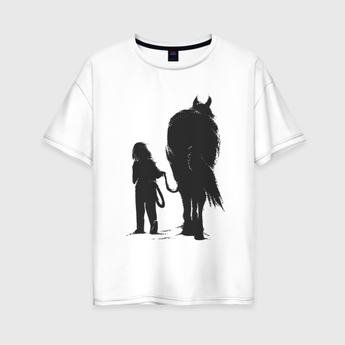Женская футболка оверсайз из хлопка с принтом Девочка с конем, вид спереди №1