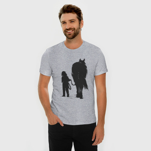 Мужская футболка хлопок Slim с принтом Девочка с конем, фото на моделе #1