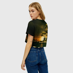 Топик (короткая футболка или блузка, не доходящая до середины живота) с принтом Райский остров для женщины, вид на модели сзади №2. Цвет основы: белый