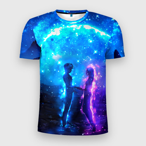 Мужская футболка 3D Slim Внеземная пара луна ночь, цвет 3D печать