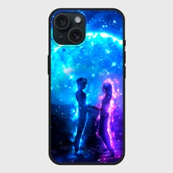 Чехол силиконовый для Apple iPhone 15 матовый Внеземная пара луна ночь