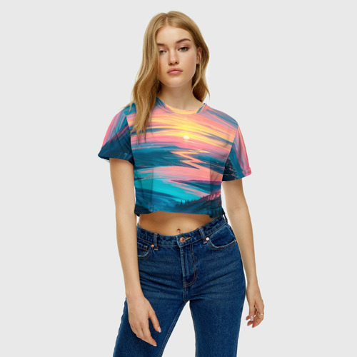 Женская футболка Crop-top 3D Извилистая река закат природа, цвет 3D печать - фото 3