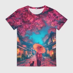 Женская футболка 3D Фестиваль сакуры кот и гейша