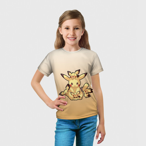 Детская футболка 3D с принтом Семейство Пикачу мило арт, вид сбоку #3