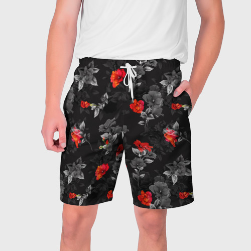 Мужские шорты 3D с принтом Красные цветы, вид спереди #2