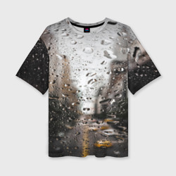 Женская футболка oversize 3D Дождь капли на стекле город